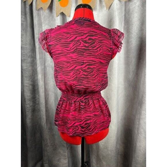 Miley Cyrus Max Fuschia Black Zebra Rouched Ruffle Blouse Size S Sheer Top - Picture 4 of 6